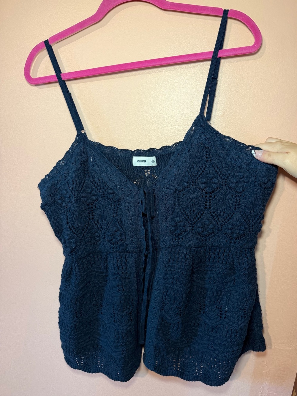Hollister Navy Crochet Lace Open Tie Front Tank Top
